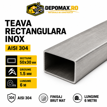Teava rectangulara inox AISI 304, 50 x 30 x 1.5 mm, 6 metri